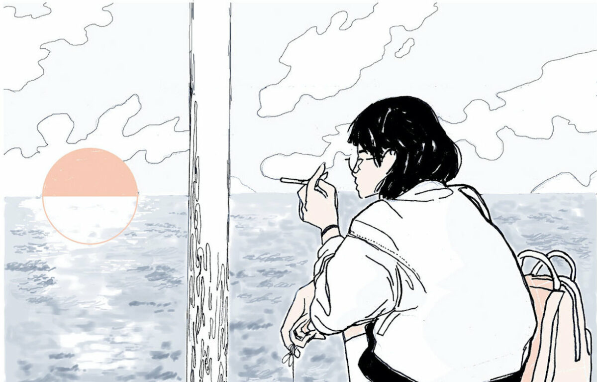 Band Tomppabeats album cover Cartoon of woman on dock looking at a sunset over the water