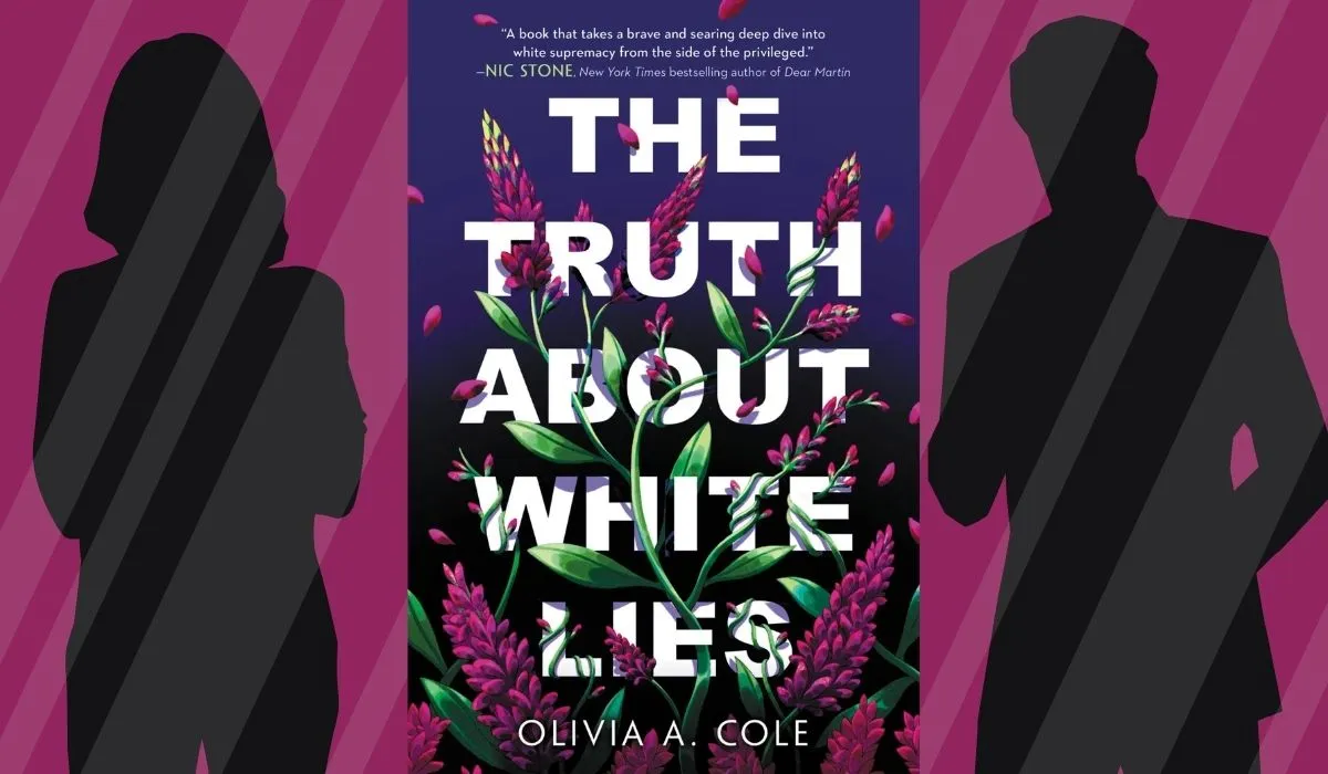 The Truth About White Lies by Olivia A. Cole book cover flanked by two silhouettes behind glass. Image: Alyssa Shotwell & Little, Brown Books for Young Readers.