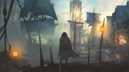 A person stands over a dock. For Alchemy RPG's Lore of Aetherra.