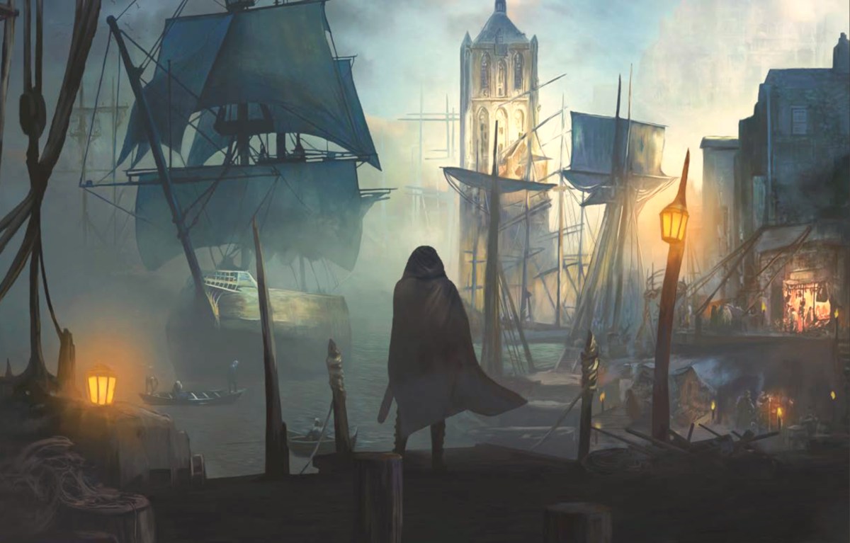 A person stands over a dock. For Alchemy RPG's Lore of Aetherra.