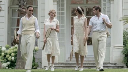 A picture of four of the main characters of Downton Abbey: A New Era, including Lady Edith and Tom Branson