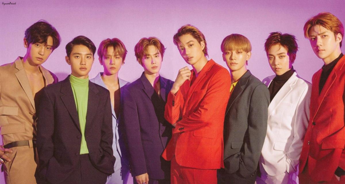 A picture of the K-Pop group EXO during a promotion shoot for their single "Love Shot"