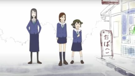 Asakusa, Kanamori, and Mizusaki surveying a landscape in Keep Your Hands Off Eizouken!