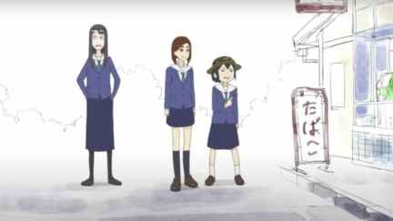 Asakusa, Kanamori, and Mizusaki surveying a landscape in Keep Your Hands Off Eizouken!