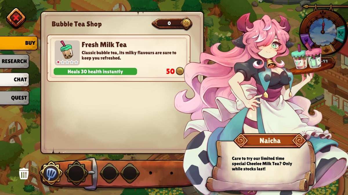 The cowgirl Naicha from Cuisineer offers the player bubble tea.