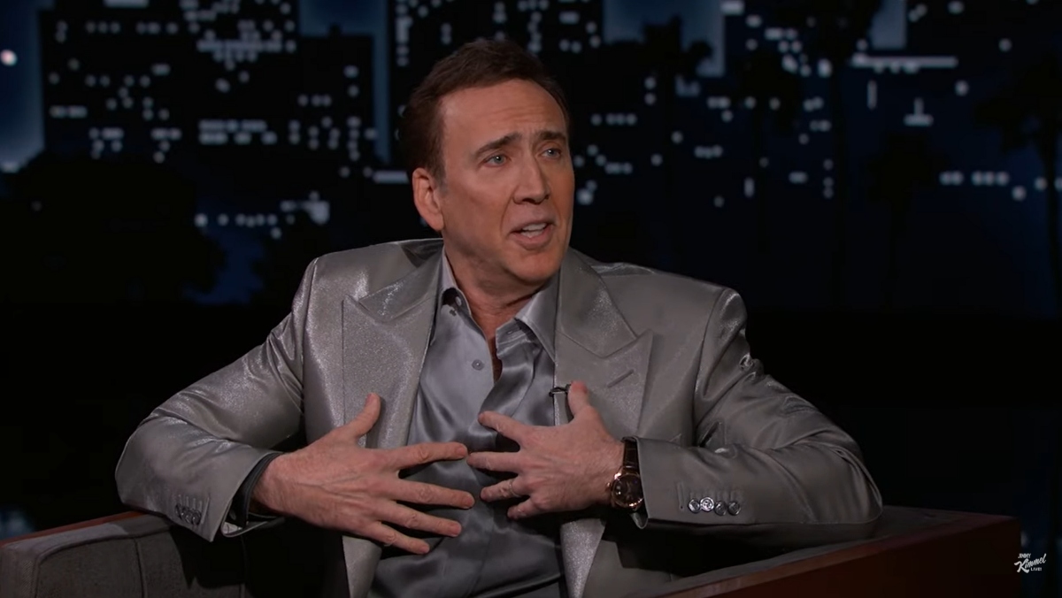 Nic Cage on Jimmy Kimmel in a shiny suit