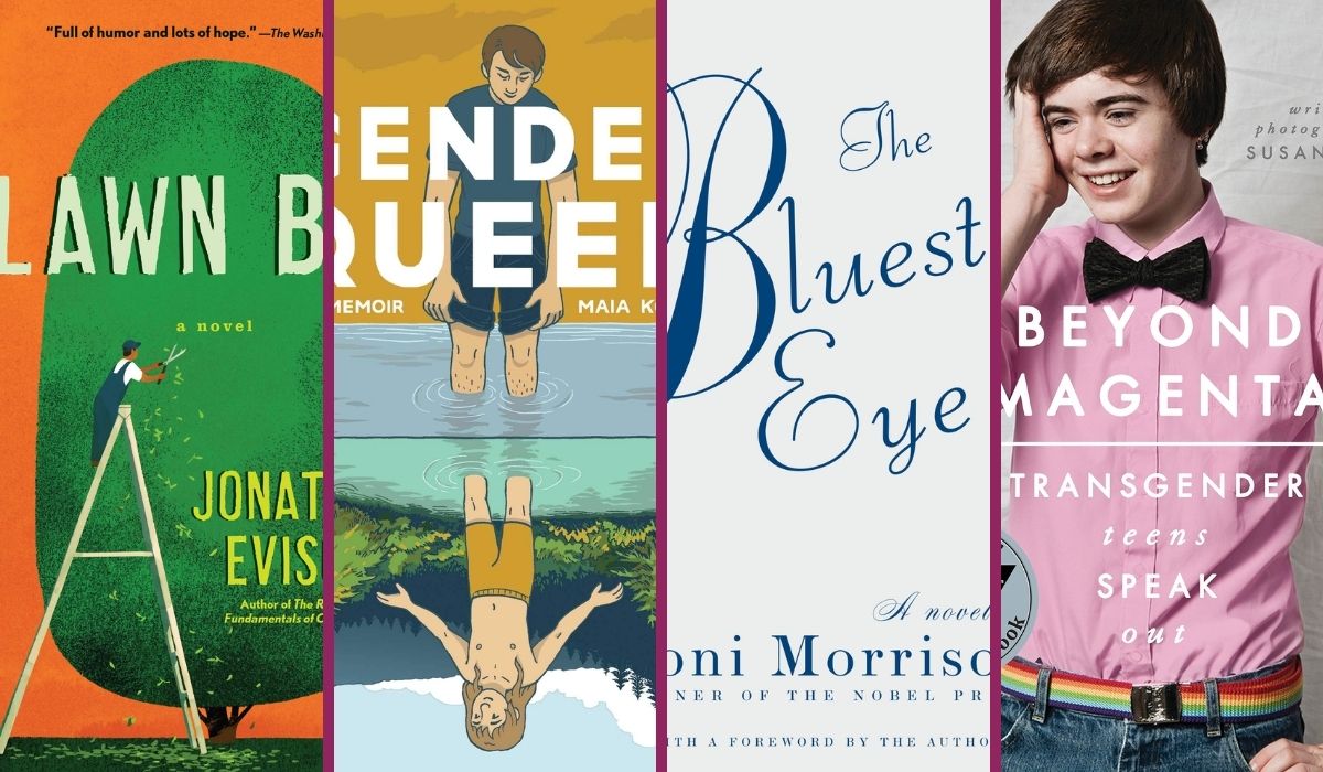 Four book covers Lawn Boy by Jonathan Evison, Gender Queer: A Memoir by Maia Kobabe, The Bluest Eye by Toni Morrison, and Beyond Magenta: Transgender Teens Speak Out by Susan Kuklin. Image: Algonquin Books, Oni Press, Vintage, and Candlewick Press.