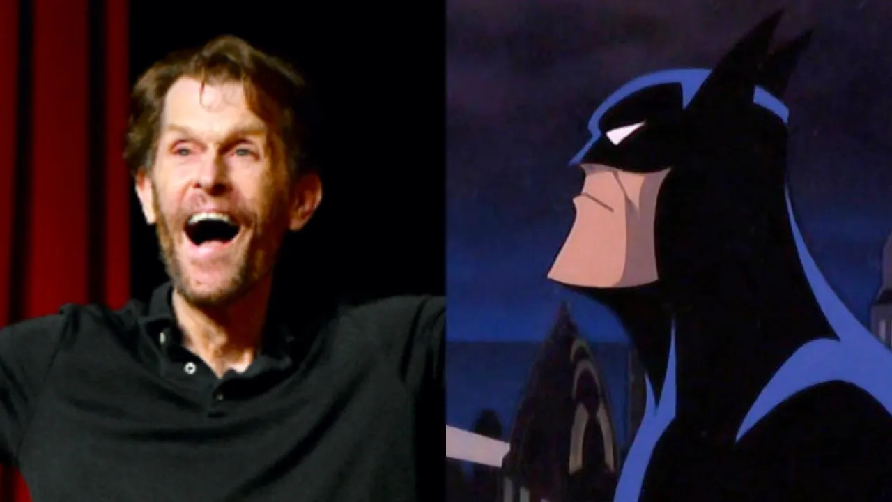 Kevin Conroy grins in a split image with animated Batman