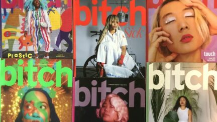 Some physical issues of Bitch magazine from 2019 - 2021 laid out. Image: Alyssa Shotwell.