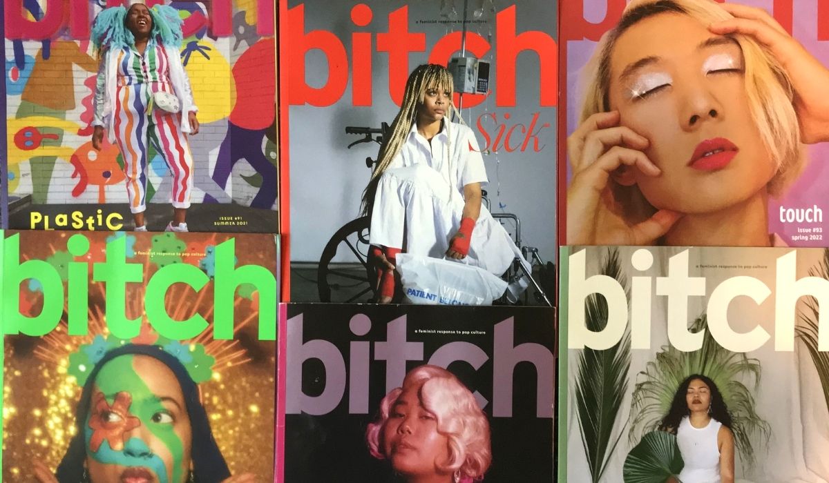 Some physical issues of Bitch magazine from 2019 - 2021 laid out. Image: Alyssa Shotwell.