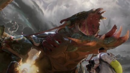 Crypto and Fuse fighting a large lobster-like creature on Storm Point. Image: screencap from trailer. https://youtu.be/cheYIVEtVQ4