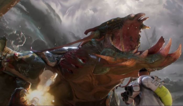 Crypto and Fuse fighting a large lobster-like creature on Storm Point. Image: screencap from trailer. https://youtu.be/cheYIVEtVQ4