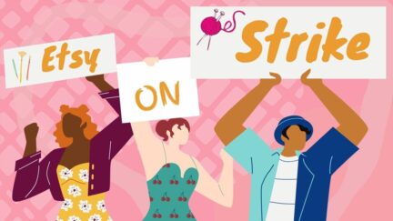 2022 Etsy Strike showing 3 people protesting. Black woman, white woman, and non-binary person. Image: Alyssa Shotwell.