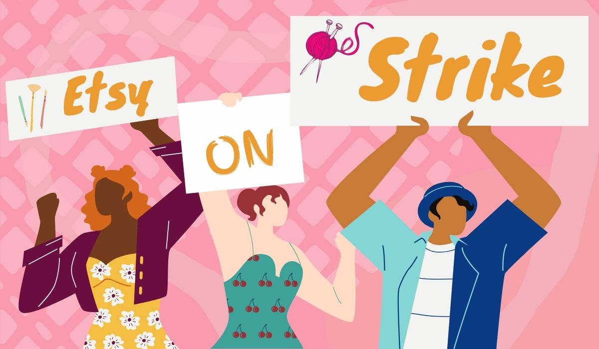 2022 Etsy Strike showing 3 people protesting. Black woman, white woman, and non-binary person. Image: Alyssa Shotwell.