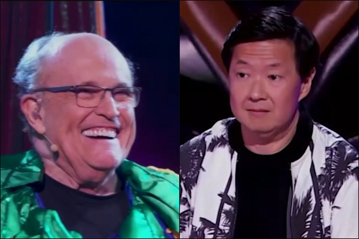 In two images, rudy giuliani laughs and ken jeong looks disgusted.