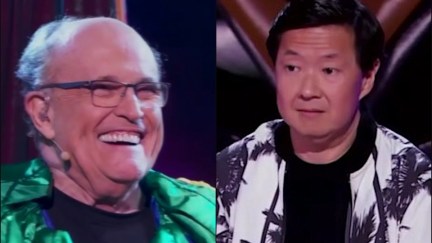 In two images, rudy giuliani laughs and ken jeong looks disgusted.
