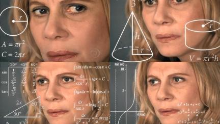 A white woman's confused face with math symbols drawn over it, in four separate images