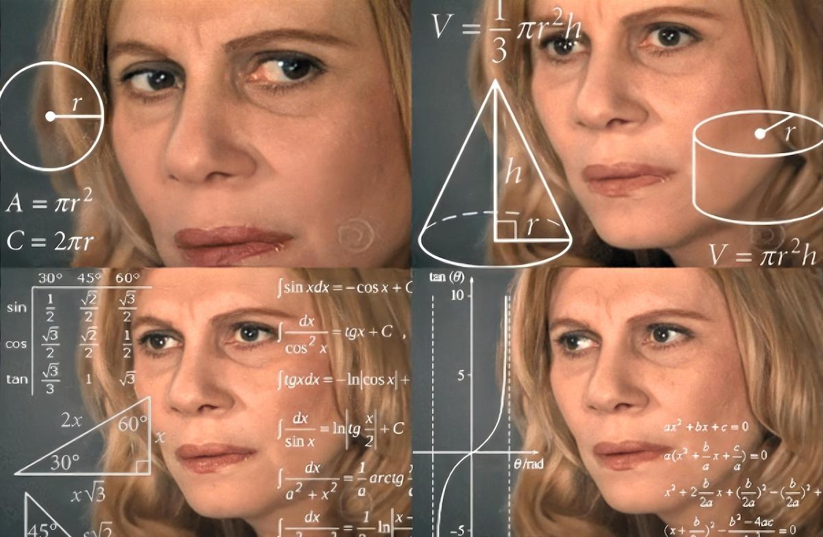 A white woman's confused face with math symbols drawn over it, in four separate images