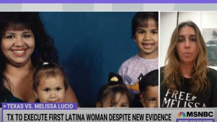 MSNBC Mehdi Hasan Show image in which the director of The State of Texas vs. Melissa Lucio is speaking wearing a Free Melissa Shirt. Image: screencap. https://youtu.be/ZXoQnK-ZL5g
