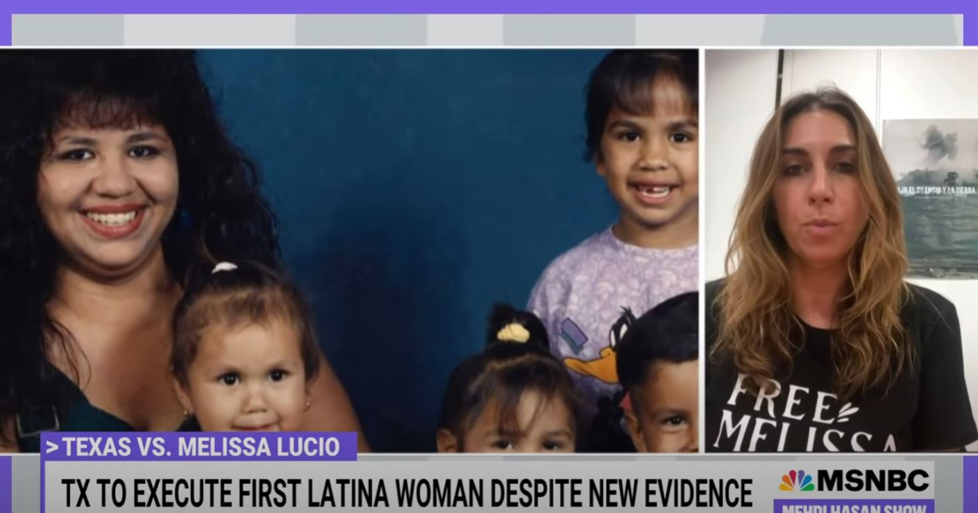 MSNBC Mehdi Hasan Show image in which the director of The State of Texas vs. Melissa Lucio is speaking wearing a Free Melissa Shirt. Image: screencap. https://youtu.be/ZXoQnK-ZL5g