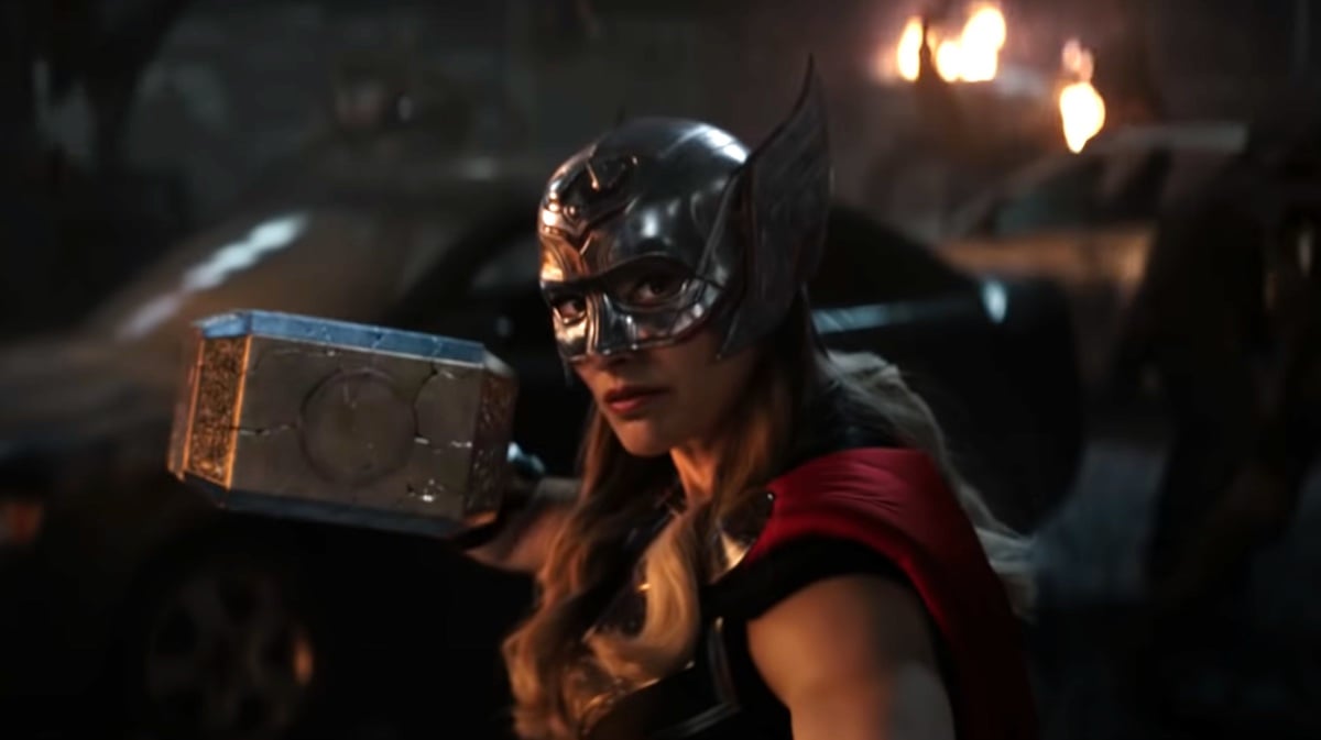 Natalie Portman wields Thor's hammer Mjolnir in Thor: Love and Thunder