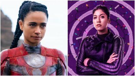 Eternals‘ Makkari (Lauren Ridloff) and Hawkeye‘s Echo (Alaqua Cox) .