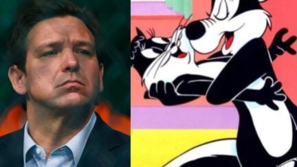 A split screen of Ron Desantis looking pensive next to an image of Pepe Le Pew grabbing a black and white cat in a non-consensual embrace