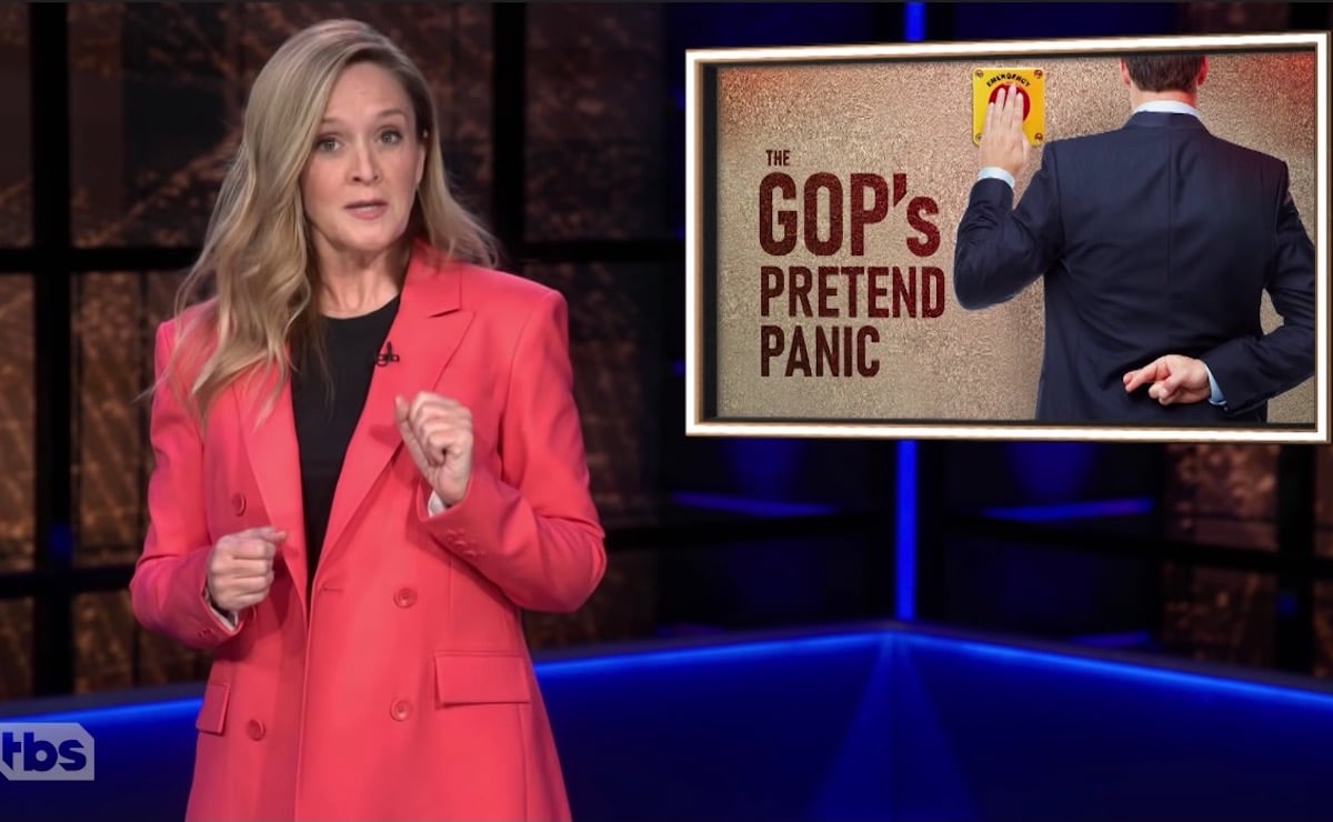 Samantha Bee wears a bright pink suit, talks about "the GOP's pretend panic' during an episode of her show.