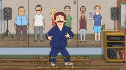 Shelly from Bob's Burgers teaching hip hop to a class of mostly white people. Text reads 