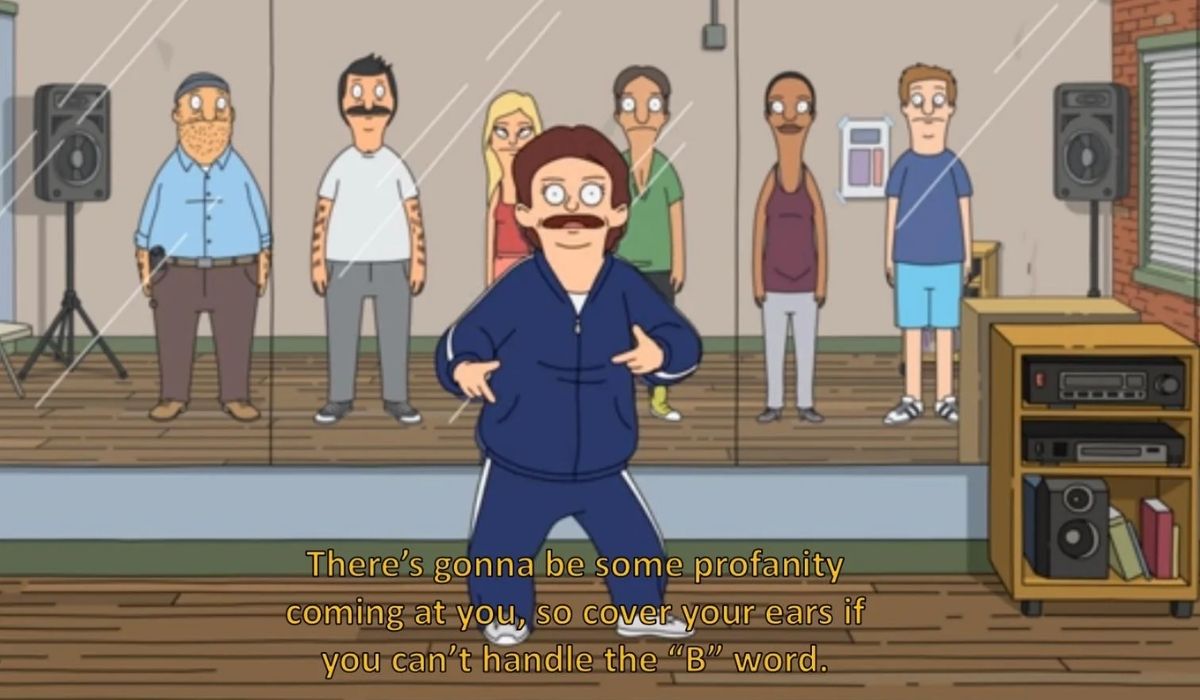 Shelly from Bob's Burgers teaching hip hop to a class of mostly white people. Text reads "There's gonna be some profanity coming at you, so cover your ears if you can't handle the 'B; word." Shelly is based on Dana Rizzo.