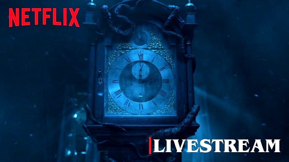 The face of the Creel Clock from Stranger Things with the words "Netflix" and "Livestream" overlaid.