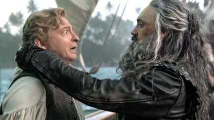 Taika Waititi as Blackbeard takes of Rhys Darby as Stede Bonnet's blindfold on 'Our Flag Means Death'