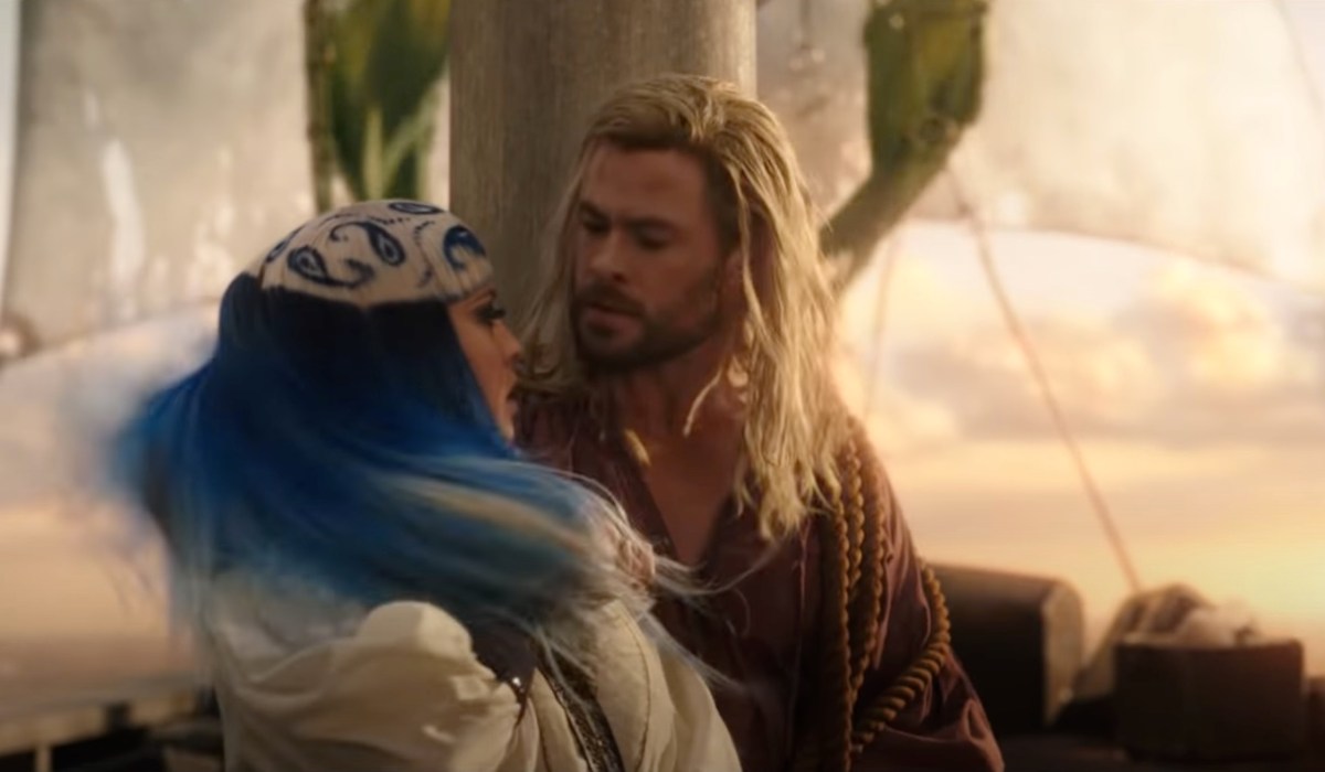 Thor with a blue-haired pirate lady in Thor: Love and Thunder