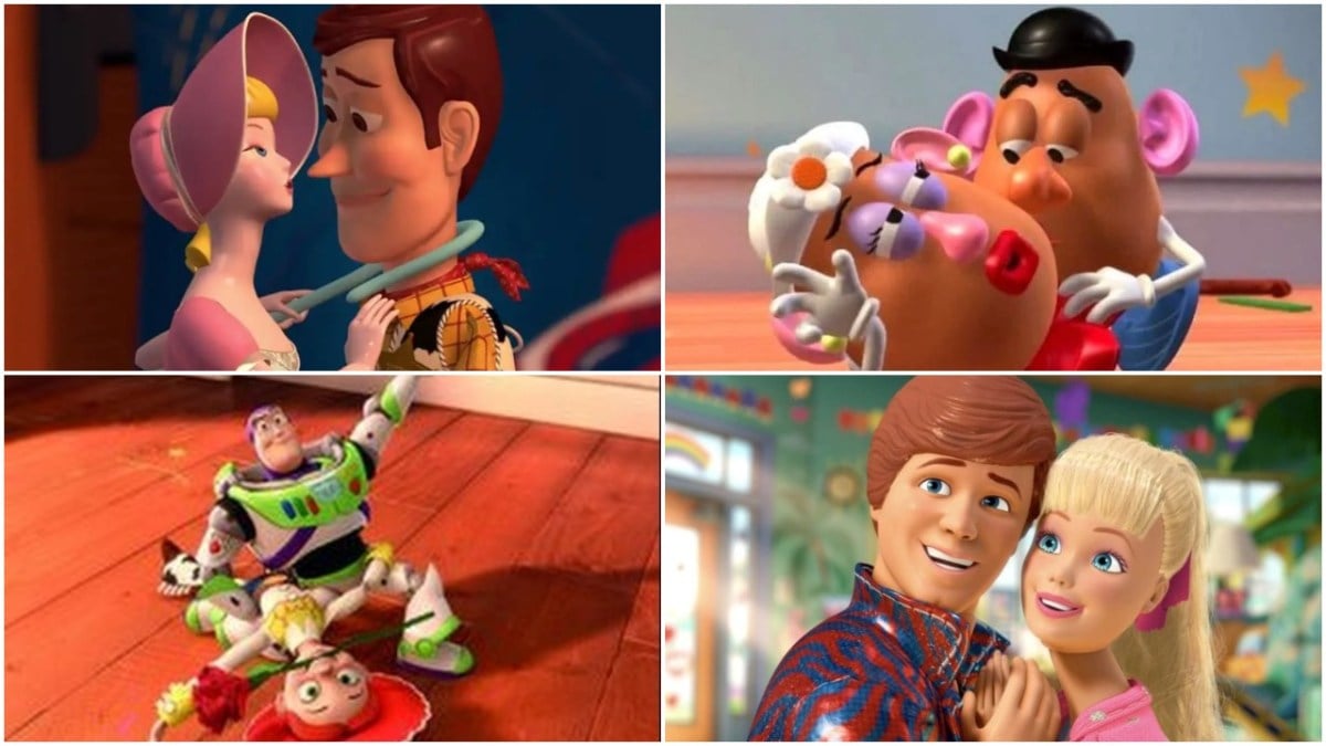 four shots of characters kisses or being intimate in Toy Story movies