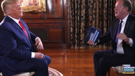 Piers Morgan interviews Donald Trump as they both look upset.