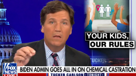Tucker Carlson makes a stupid confused face next to a graphic reading 