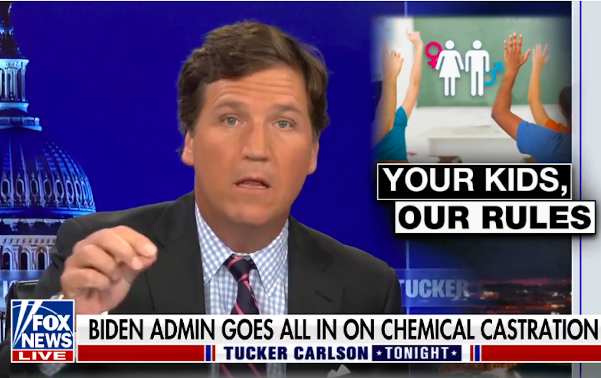Tucker Carlson makes a stupid confused face next to a graphic reading "your kids, our rules"