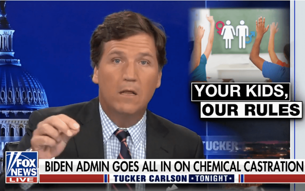 Tucker Carlson makes a stupid confused face next to a graphic reading "your kids, our rules"