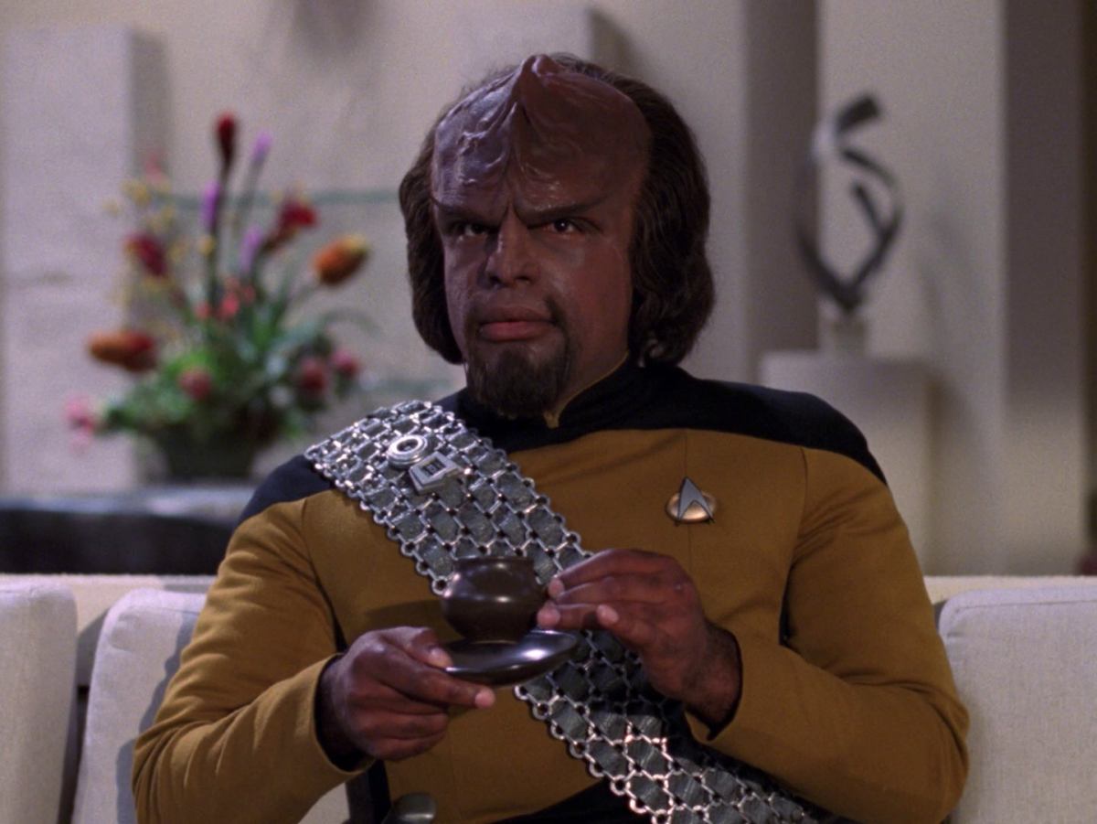 Worf sipping a cup of tea