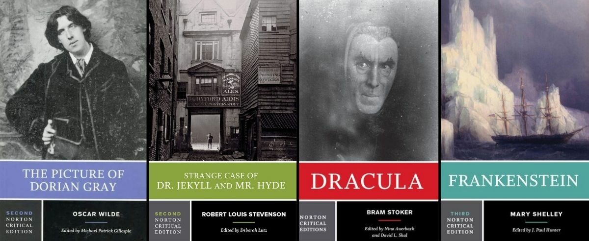Quatre classiques de l'édition Norton de Mary Shelley, Oscar Wilde, Louis Stevenson et Bram Stoker.  Image : Norton édition classique. 