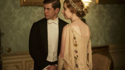 Laura Carmichael and Allen Leech as Tom and Lady Edith in Downton Abbey