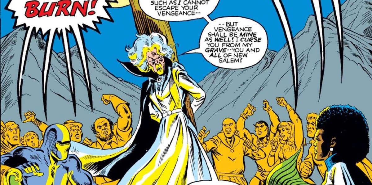 Agatha Harkness being burned at the stake in Marvel Comics.