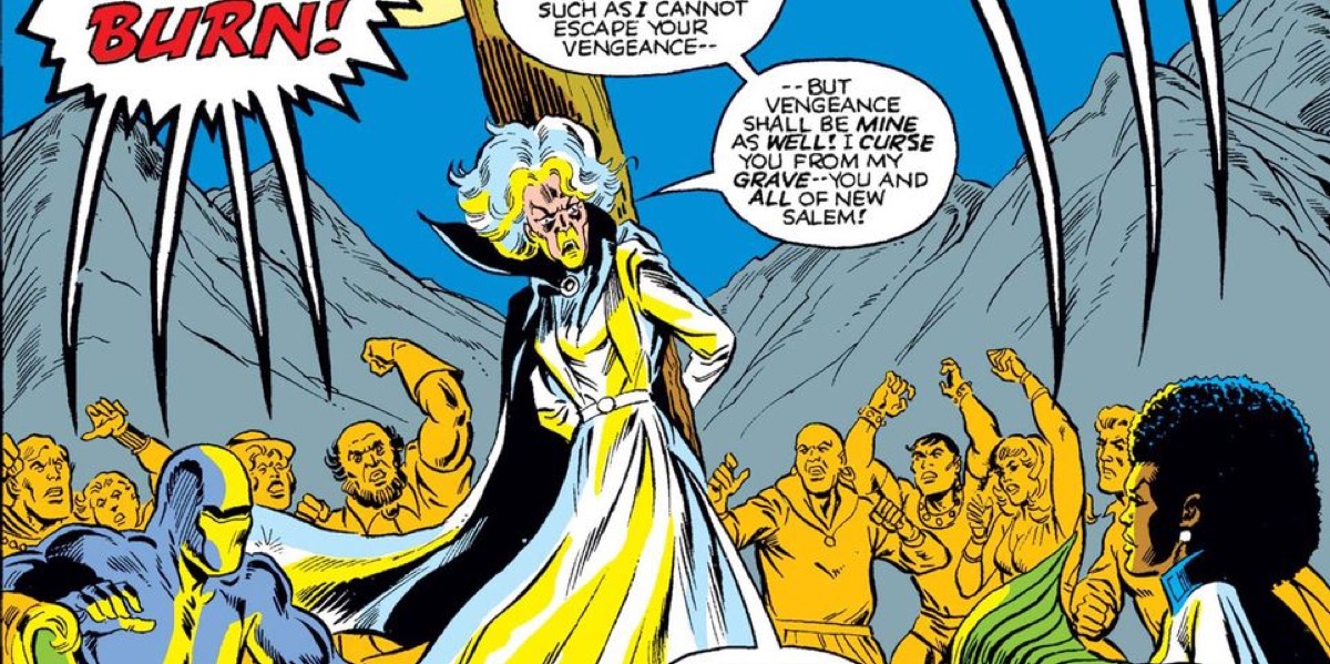 Agatha Harkness being burned at the stake in Marvel Comics.