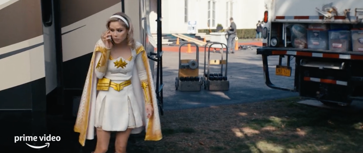 Starlight outside her trailer on the phone