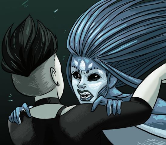 Blue mermaid showing sharp fangs. From "The Sea in You" by Jessi Sharon. Image: Iron Circus Comics.