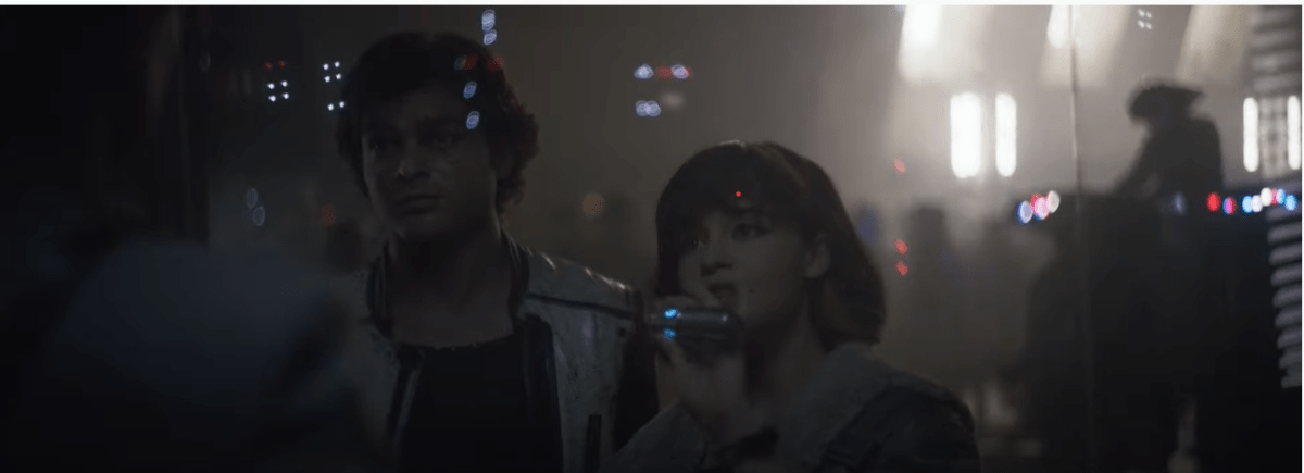 Han Solo and Qi'ra attempting to bride their way off of Corellia with stolen coaxium refined hyperspace fuel.