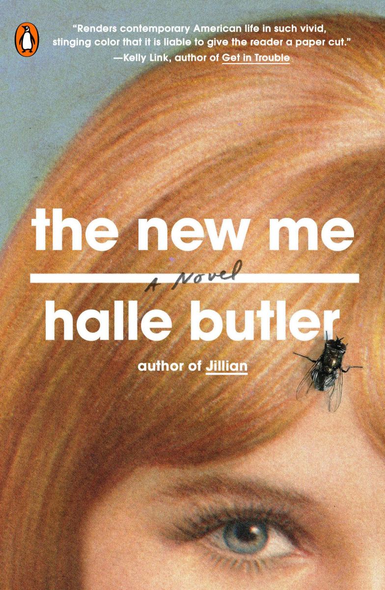 The New Me book cover, close up of woman's face with a fly on it 