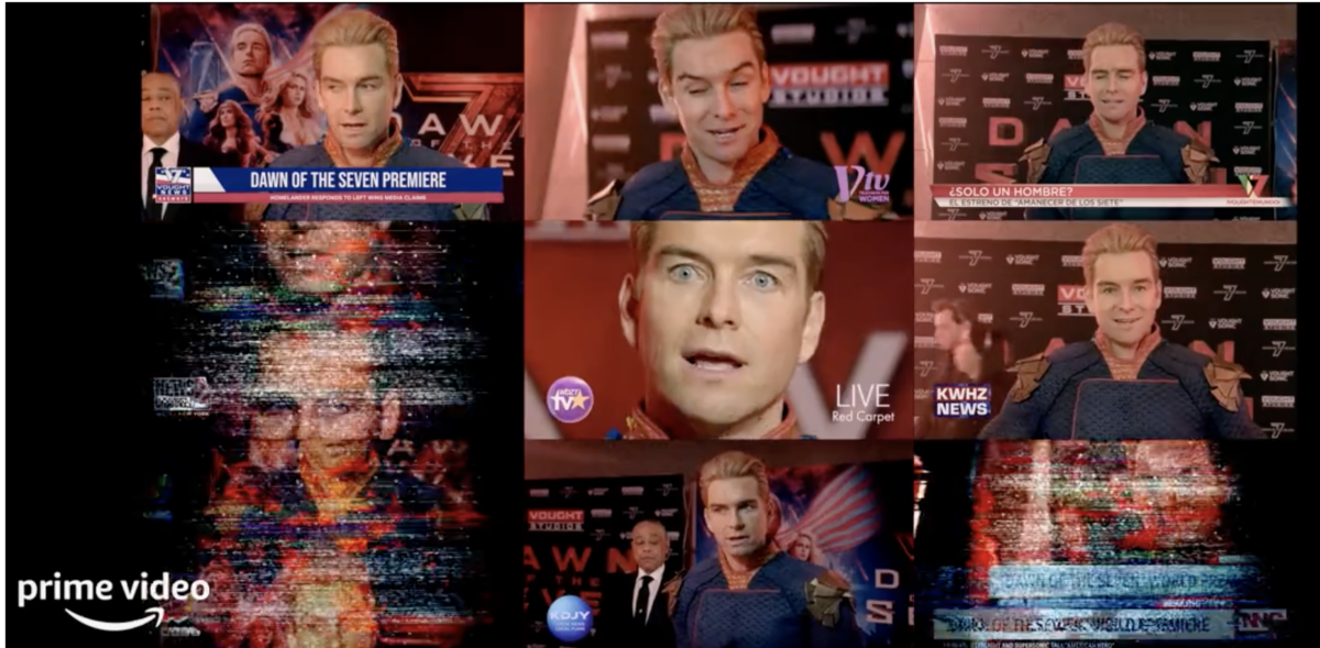 a collage of Homelander giving tv interviews