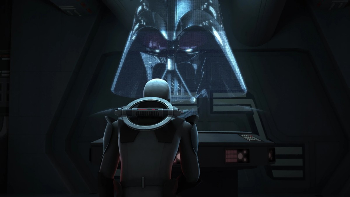The Grand Inquisitor kneeling before a massive holo of Vader's helmet