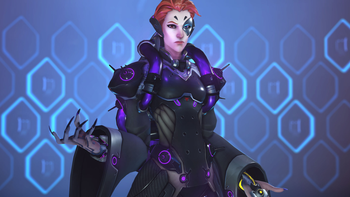 Moira from Overwatch gazes at the viewer.
